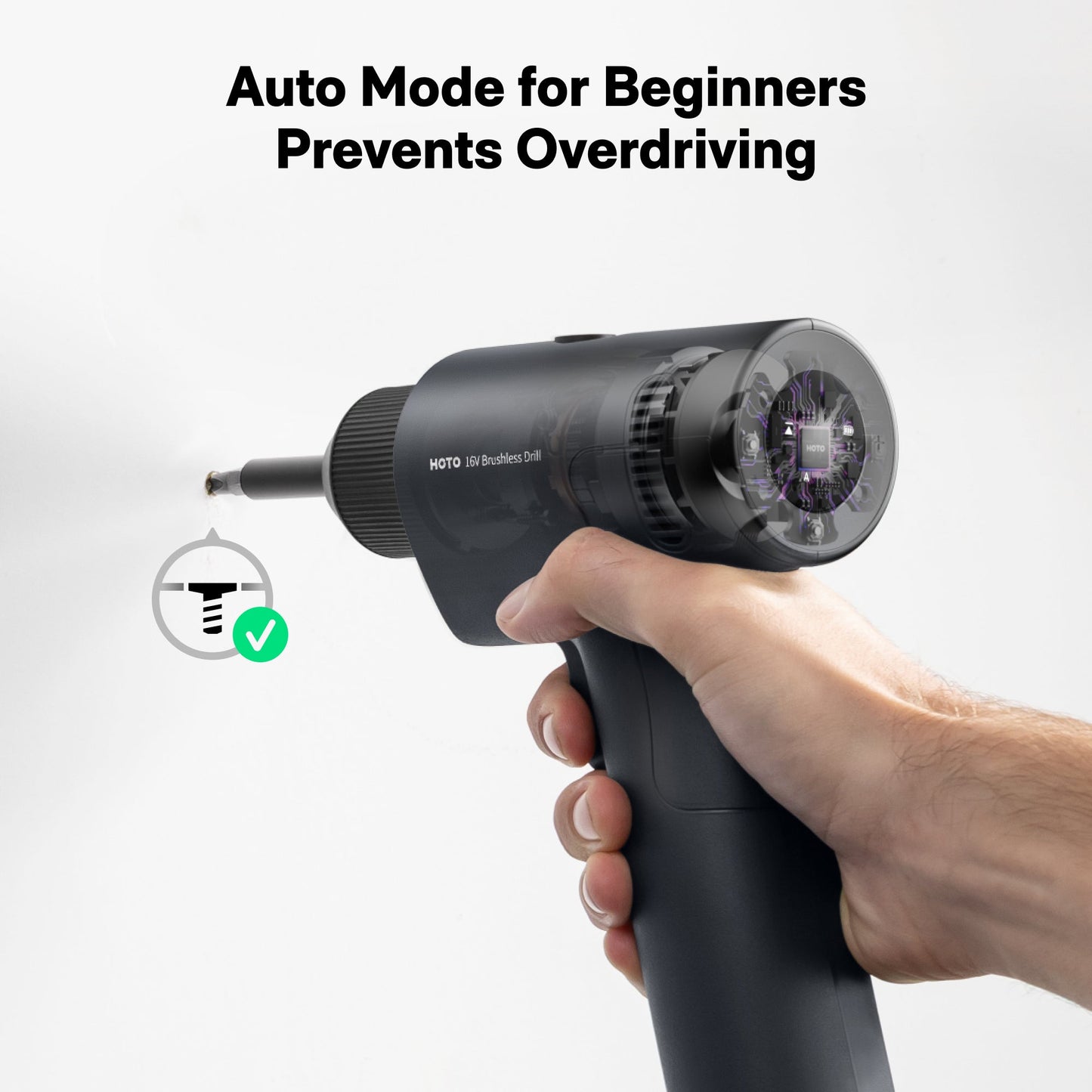 Hand holding a black handheld tool with text about auto mode for beginners on a white background