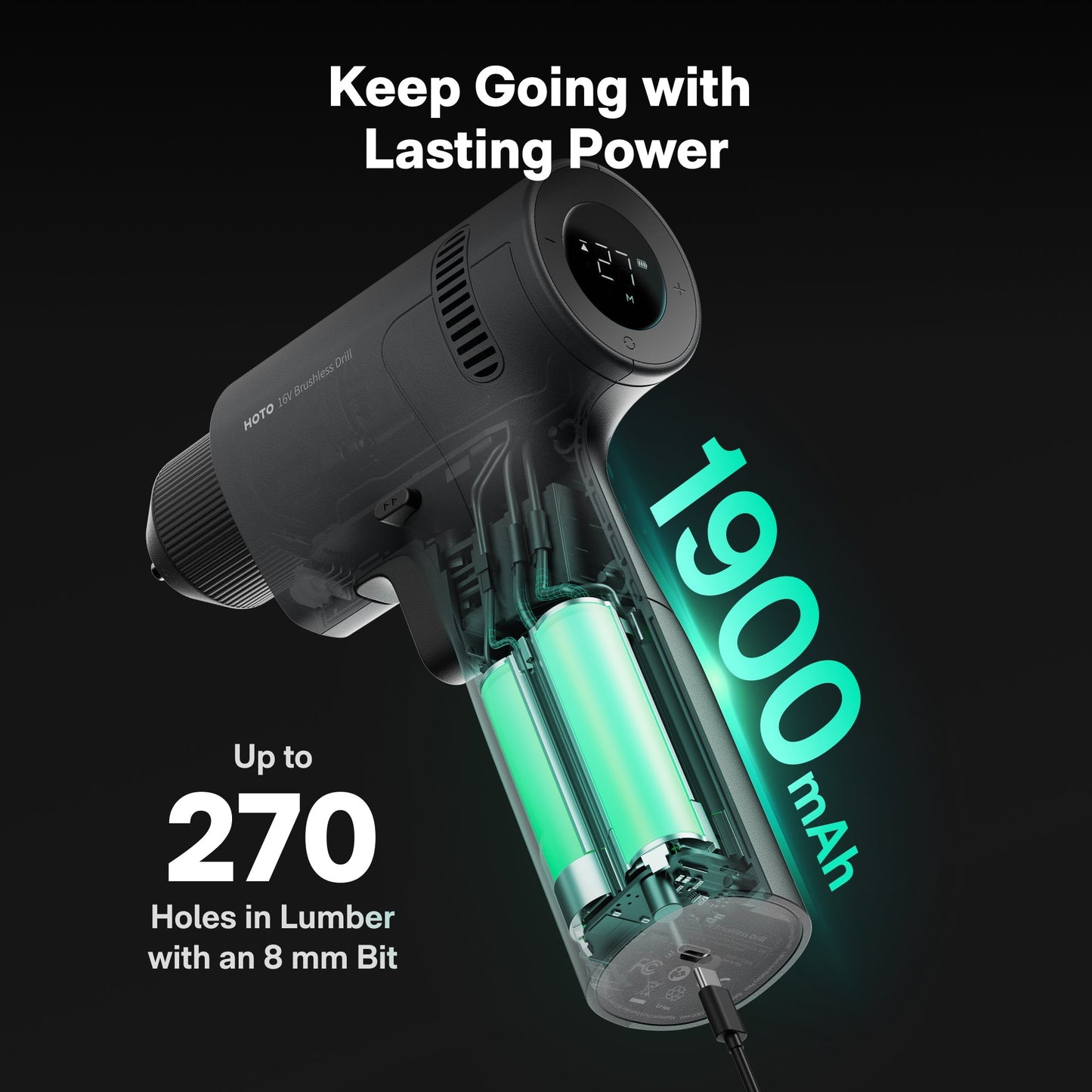 Black handheld power tool with green accents on a black background, featuring text about battery capacity and usage.