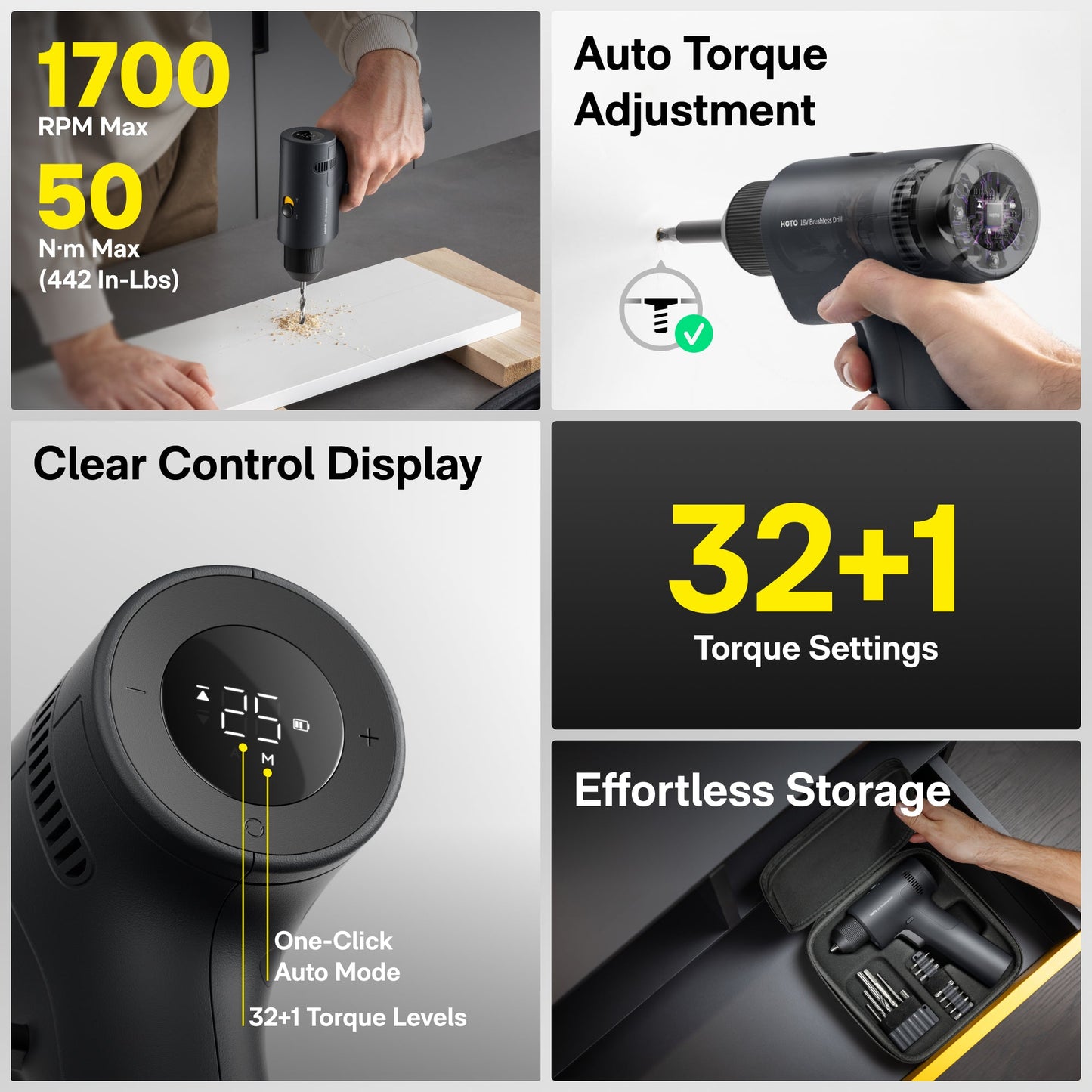 Collage of a power drill with features highlighted on a white background