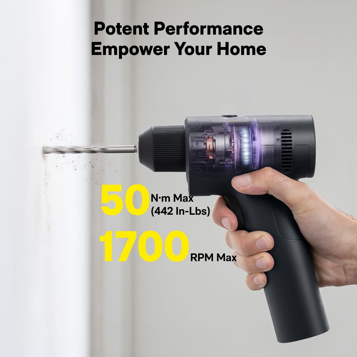Hand holding a power drill with specifications displayed on a gray background