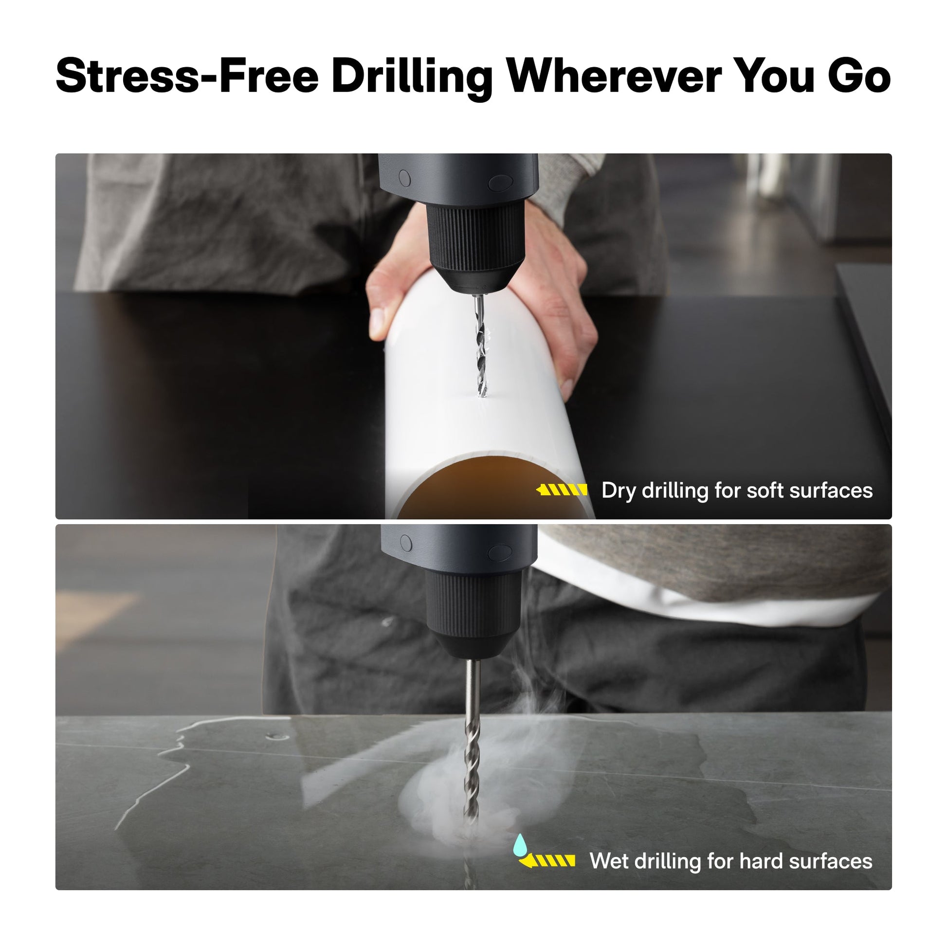 Drill being used on soft and hard surfaces with text 'Stress-Free Drilling Wherever You Go'.