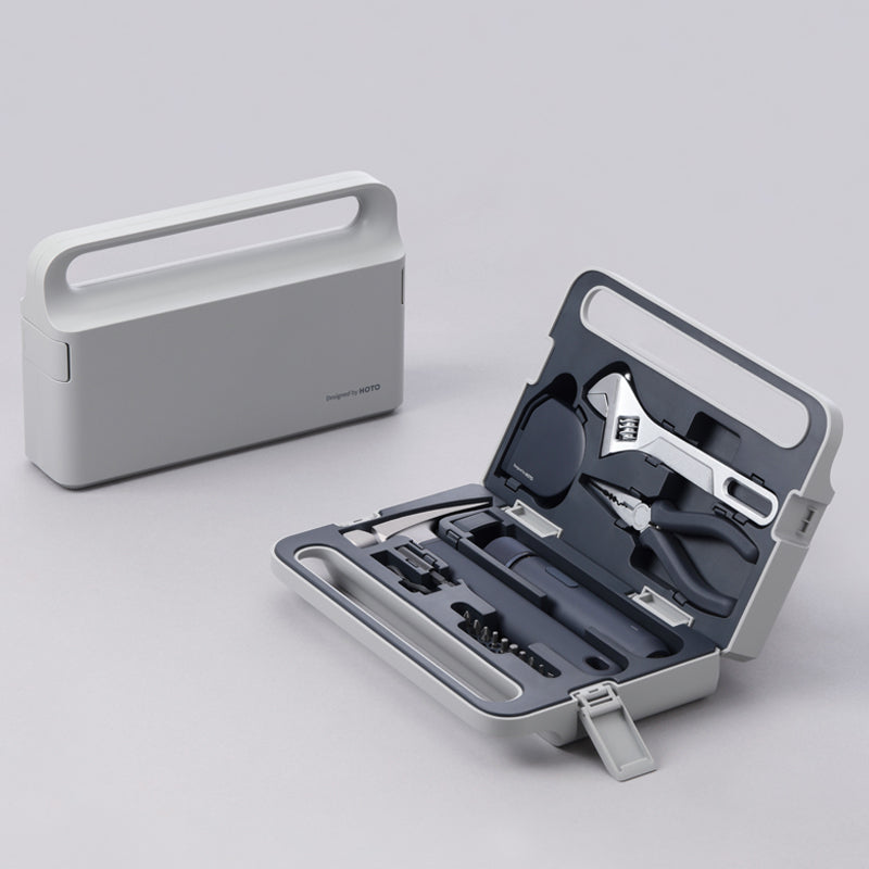 Tool kit with tools and a carrying case on a light gray background. HOTO 3.6V Screwdriver Tool Set