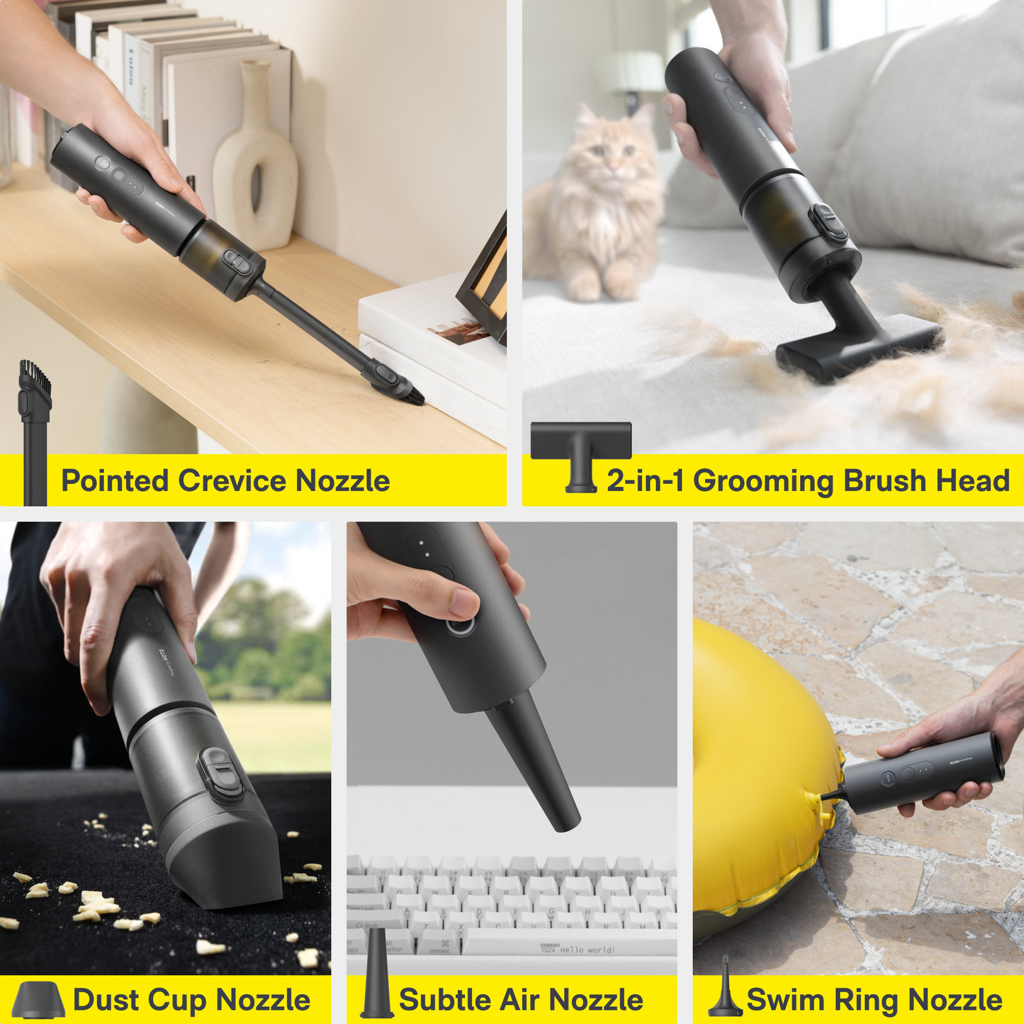 Multifunctional vacuum cleaner head with various nozzles used in different scenarios. HOTO-Autocare-Air-Duster-Vacuum-include
