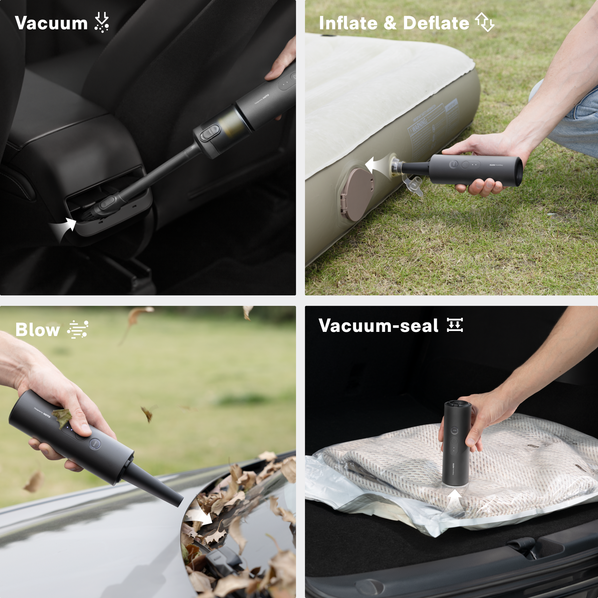 Multifunctional tool being used for cleaning car interior, inflating and deflating an air mattress, blowing out debris, and vacuum-sealing a bag.