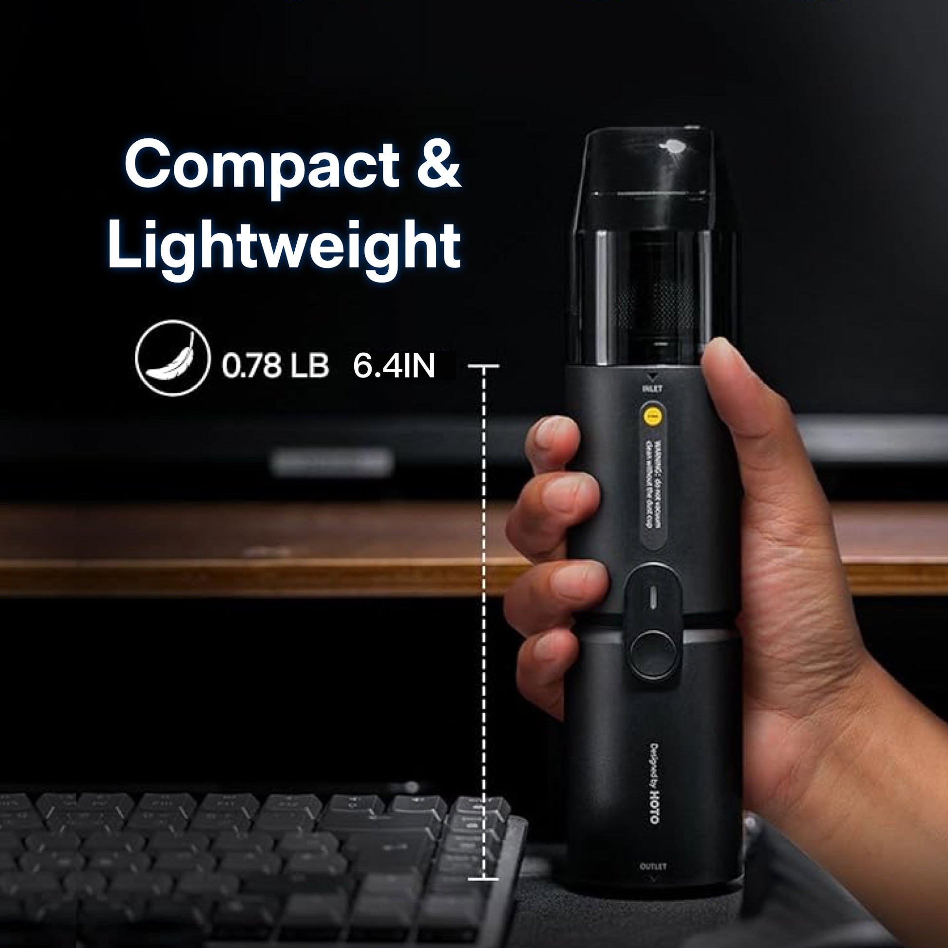 Hand holding a compact black device with text indicating 'Compact & Lightweight' and dimensions.HOTO Compressed Air Capsule