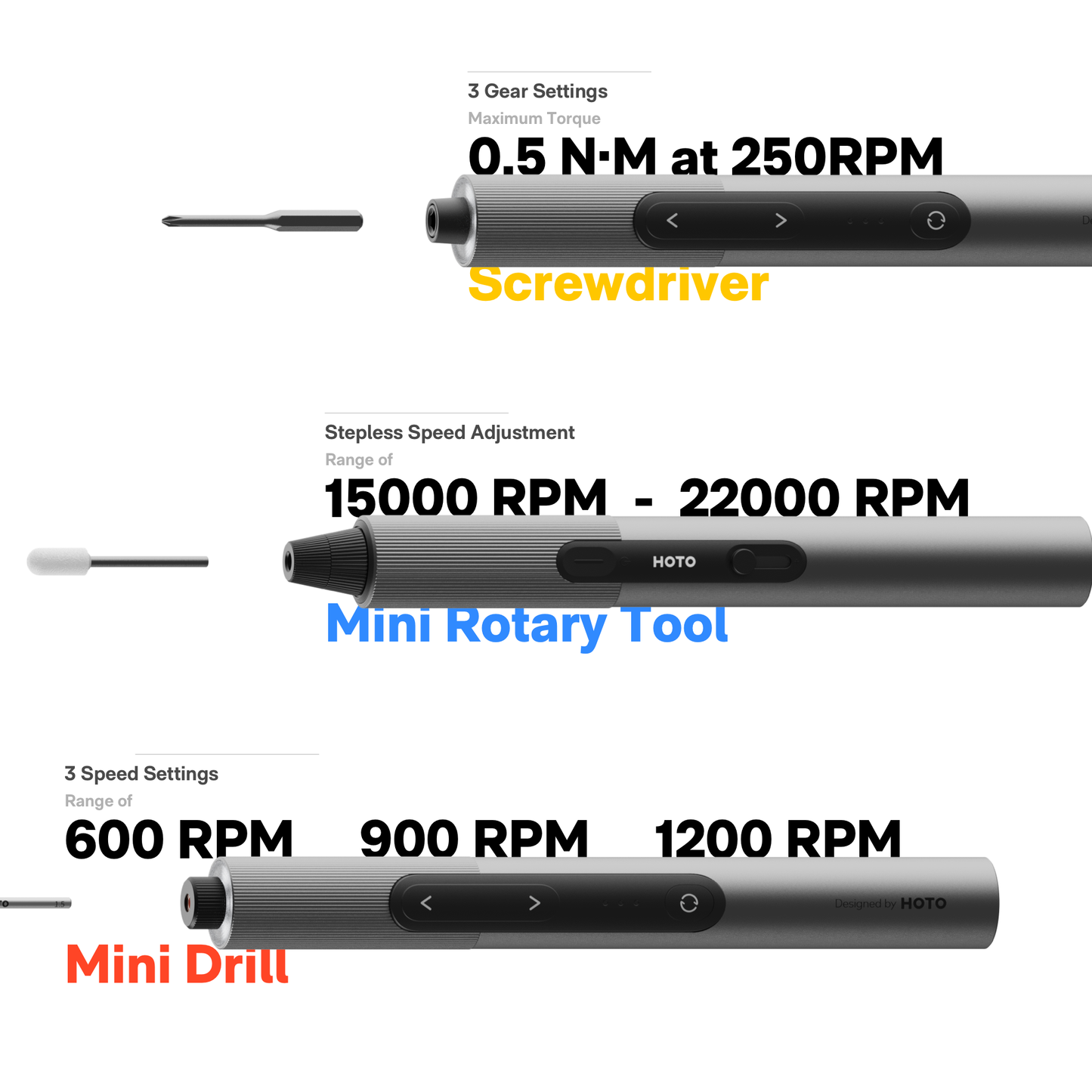 Three different tools (screwdriver, mini rotary tool, mini drill) with specifications on a white background, HOTO SNAPBLOQ
