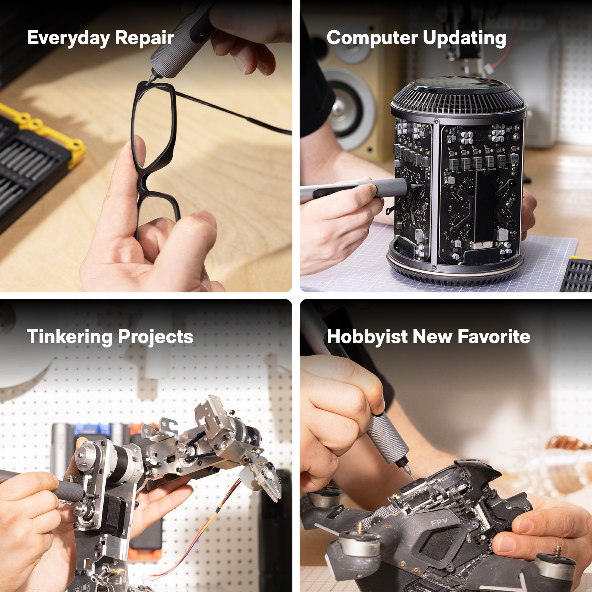 Four scenes showing a person using a tool for different activities including repair, computer updating, tinkering projects, and hobbyist work.