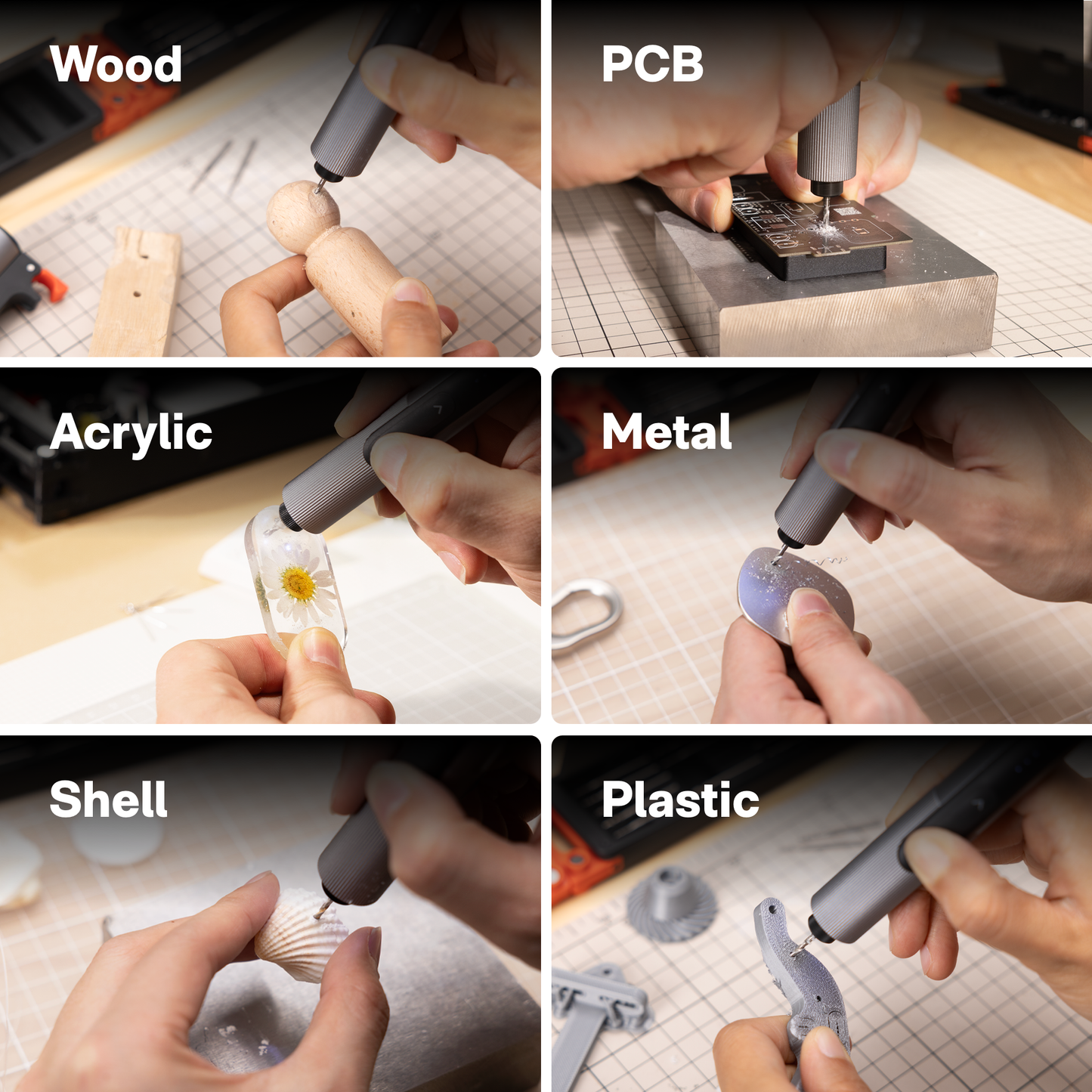 Collage of a tool being used on various materials including wood, PCB, acrylic, metal, shell, and plastic. HOTO SNAPBLOQ