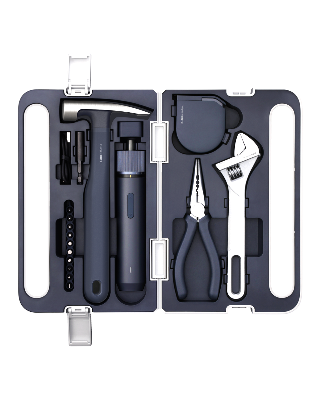 Tool kit with various tools in a black case on a white background. HOTO 3.6V Screwdriver Tool Set