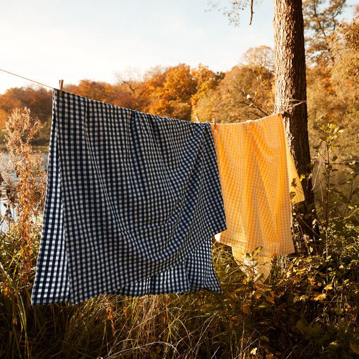 Two cloths, one checkered and one solid, hanging on a line against a natural background with trees and sunlight. | Twin