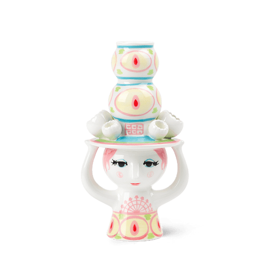 Bjørn Wiinblad Lady with Hat Candle Holder, Pink/Yellow, H: 6.3"