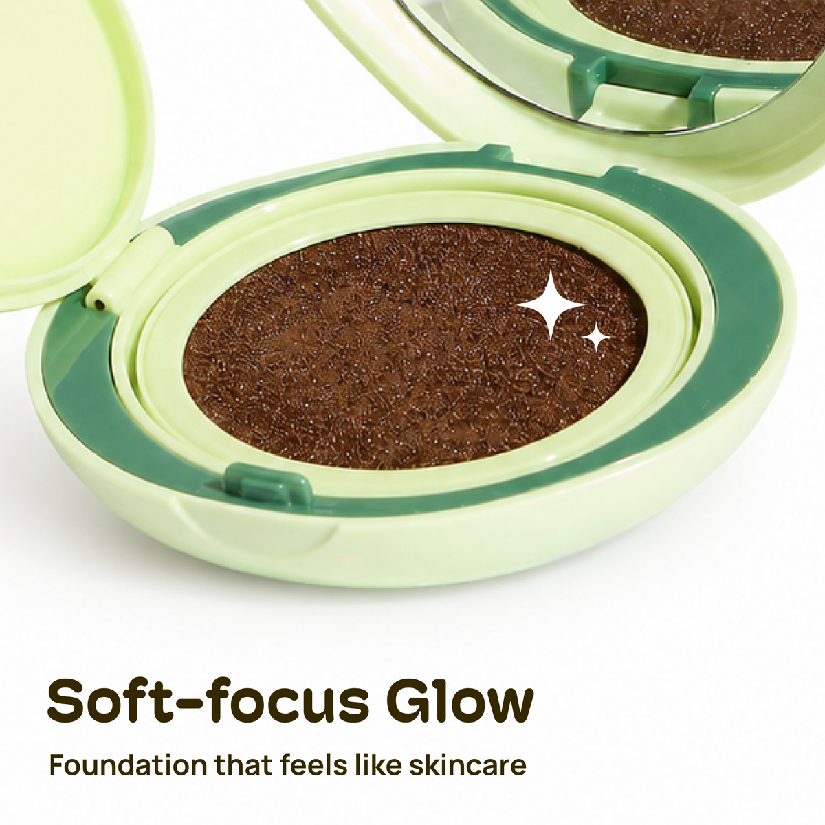 An open compact-style foundation cushion with a pale mint green case and dark green trim, showing a dark brown foundation pan with sparkles over it. Text at the bottom reads 'Soft-focus Glow Foundation that feels like skincare'. MIXIK Cloud Cover Soothing Cushion | Espresso Deep