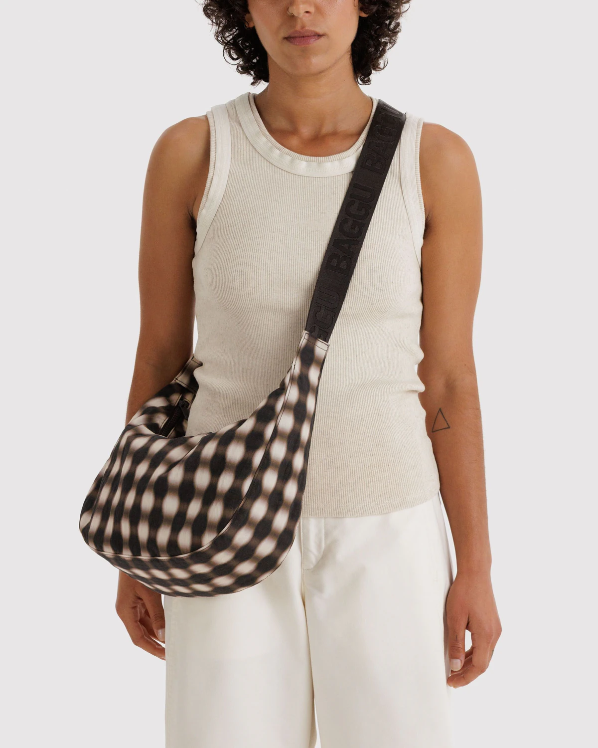 Medium Nylon Crescent Bag | Blurred Gingham Brown