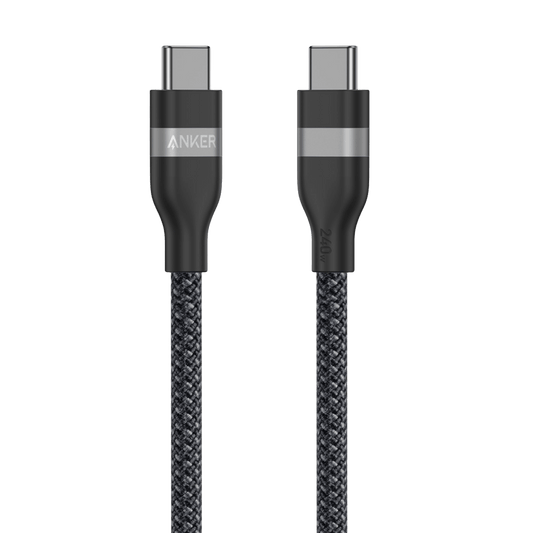 Anker Upcycled-Braided USB-C to USB-C Cable - close view of two dark USB-C connectors and braided cable