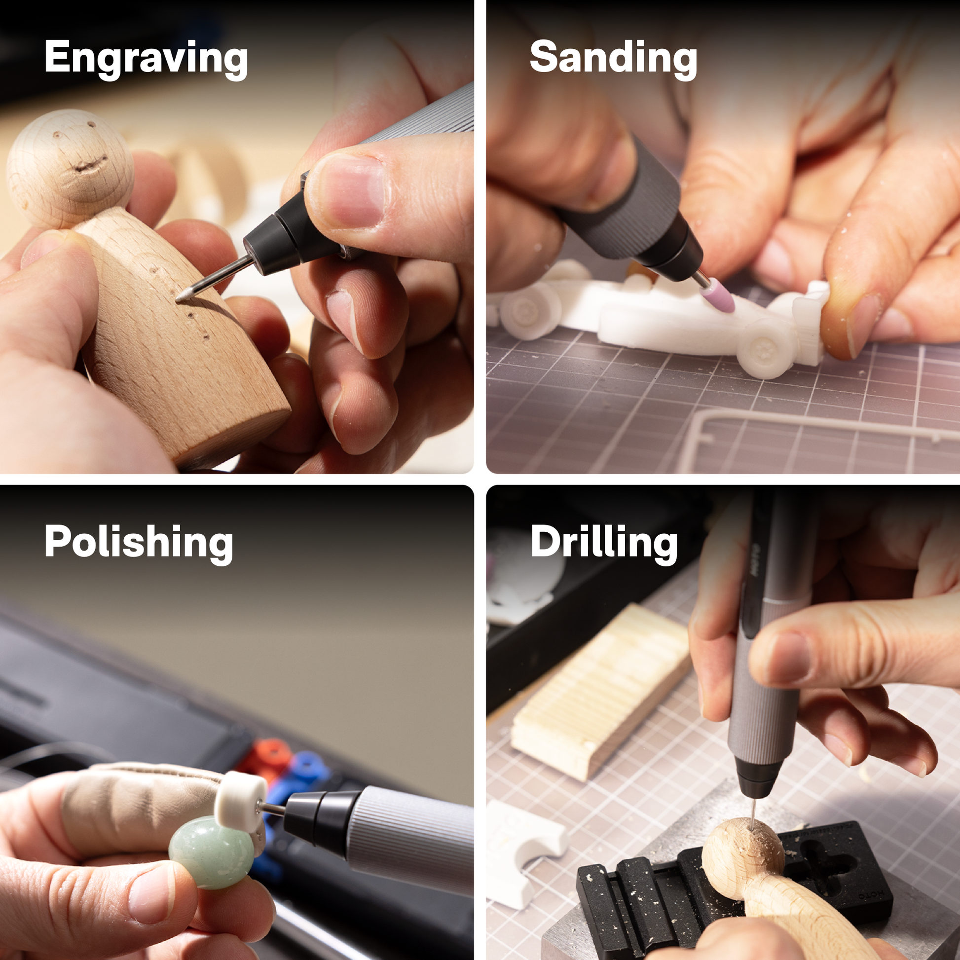 Collage of a person using a rotary tool for engraving, sanding, polishing, and drilling on various materials. HOTO SNAPBLOQ Electric-Mini-Rotary-Tool-Kit