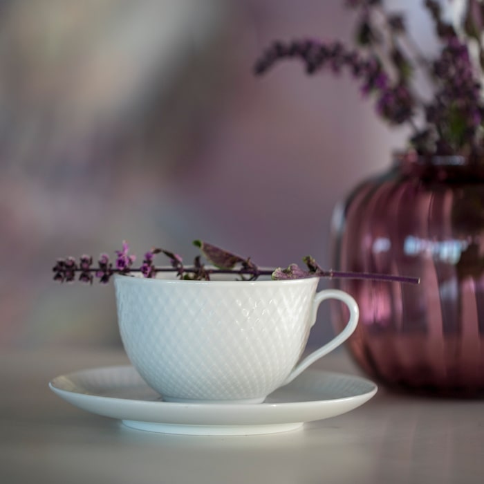 Lyngby Porcelæn Rhombe Tea Cup With Matching Saucer, White, 8.1 Oz