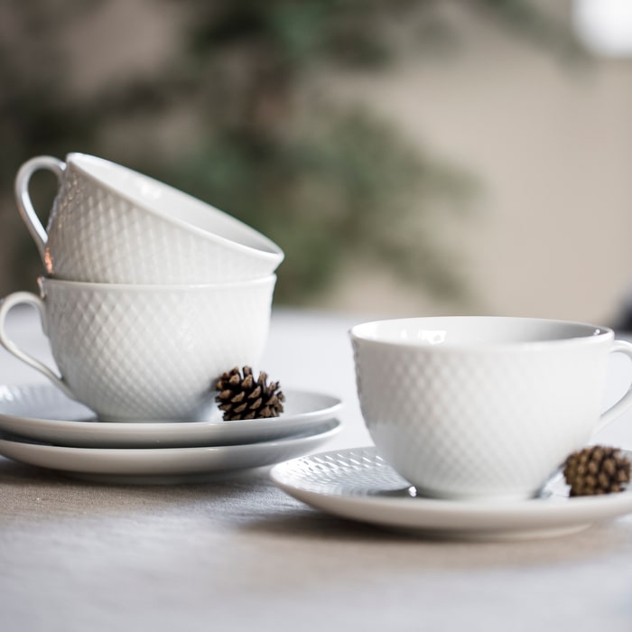 Lyngby Porcelæn Rhombe Tea Cup With Matching Saucer, White, 8.1 Oz