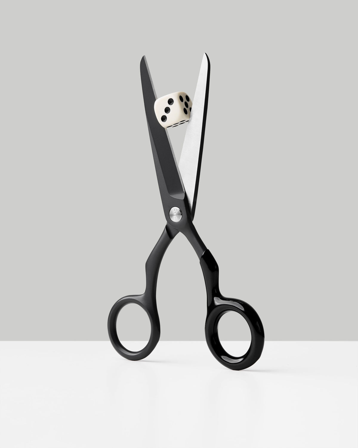 Craighill Spectra Scissors in Charcoal + Black, shown open with a die between the blades | Charcoal + Black