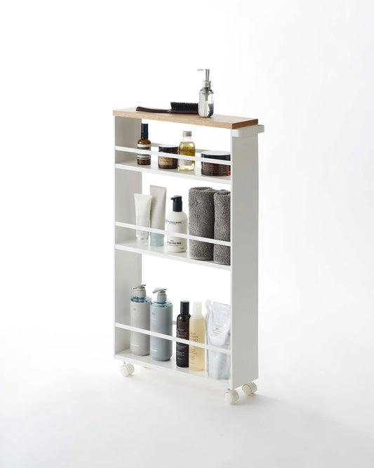 Yamazaki Home Tower Slim Storage Cart (32" H) - Steel, white cart holding towels and toiletries