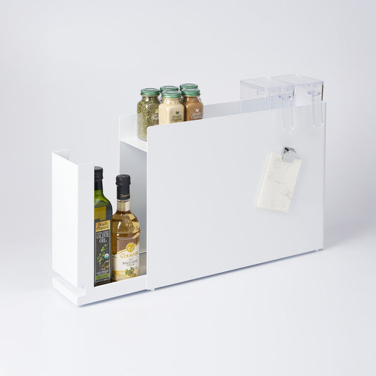 Yamazaki Home Tower Sliding Drawer Seasoning Rack - Steel, white rack with drawer open and spices on top