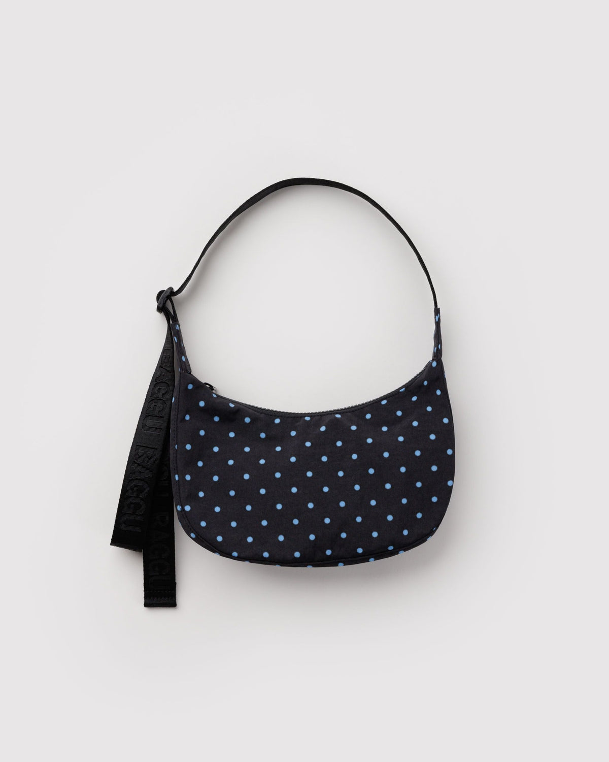 Baggu Small Nylon Crescent Bag in Black and Sky Blue Micro Dot, front view | Black and Sky Blue Micro Dot