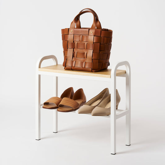 Yamazaki Home Tower Shoe Organizer with Wooden Top, white rack with handbag and shoes