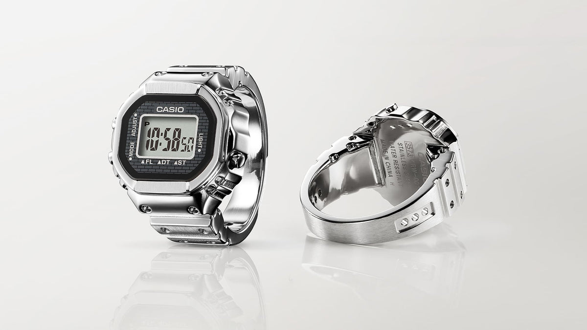 Casio CRW001-1 digital ring watch, front and back views | Silver