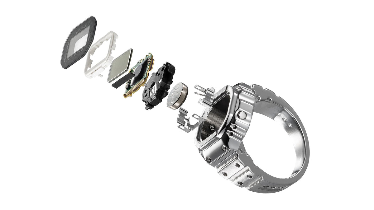Casio CRW001-1 digital ring watch, exploded view of miniature module | Silver
