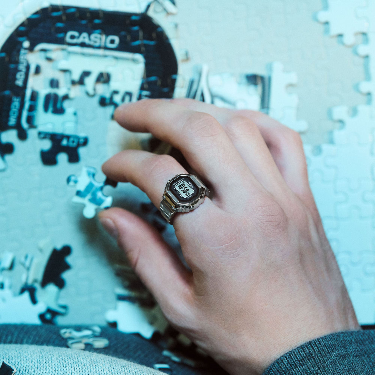 Casio CRW001-1 digital ring watch worn on a finger | Silver