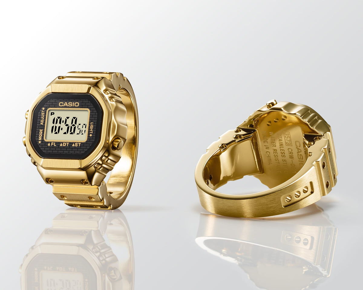 Casio CRW001G-9 digital ring watch, front and back views | Gold