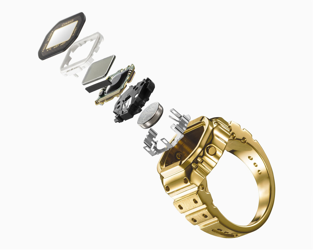 Casio CRW001G-9 digital ring watch, exploded view of miniature module | Gold