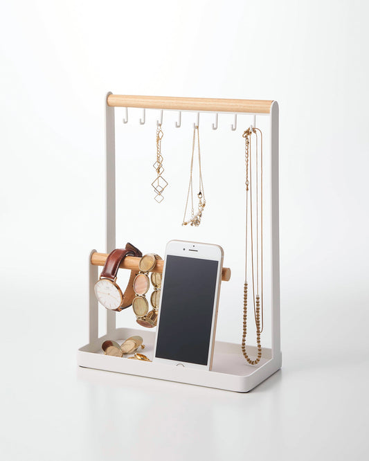 Yamazaki Home Tosca Jewelry + Accessory Display - Steel + Wood, white display holding necklaces, watches and a phone