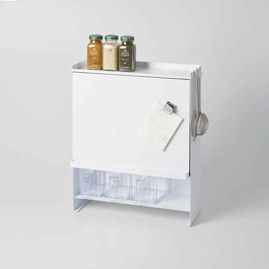 Yamazaki Home Tower Concealable Spice Rack - White, white rack with front closed and spice containers below