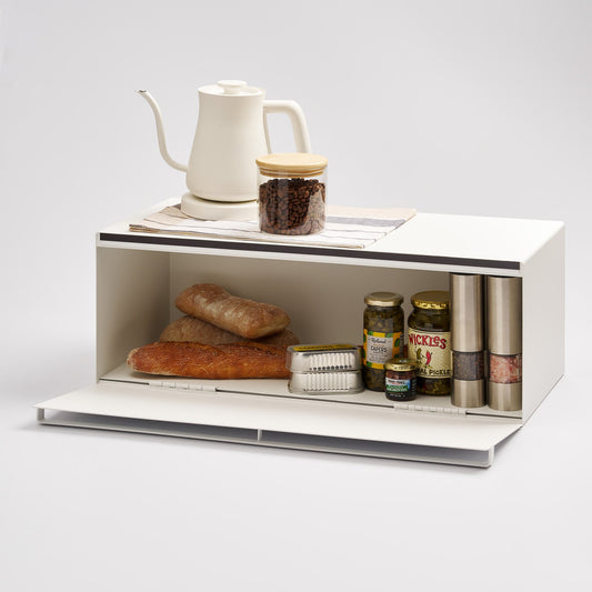 Yamazaki Home Tower Wide Bread Box - Steel, open white box with bread and pantry jars