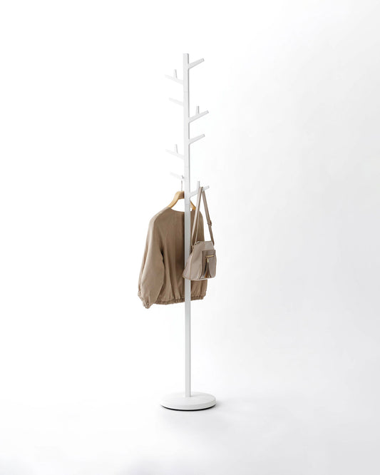Yamazaki Home Branch Coat Rack (69" H), white coat stand holding a jacket and bag