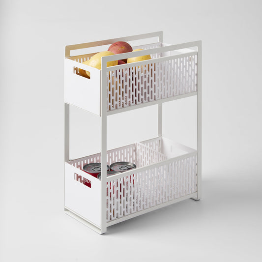 Yamazaki Home Tower Two-Tier Cabinet Storage Basket - Steel and ABS, white two-tier basket unit with pantry items