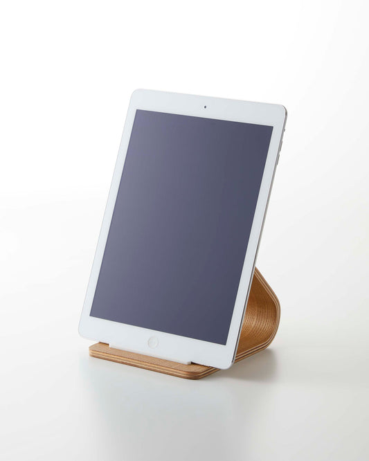 Yamazaki Home Rin Tablet Stand - Wood, Ash stand holding a tablet on a plain background