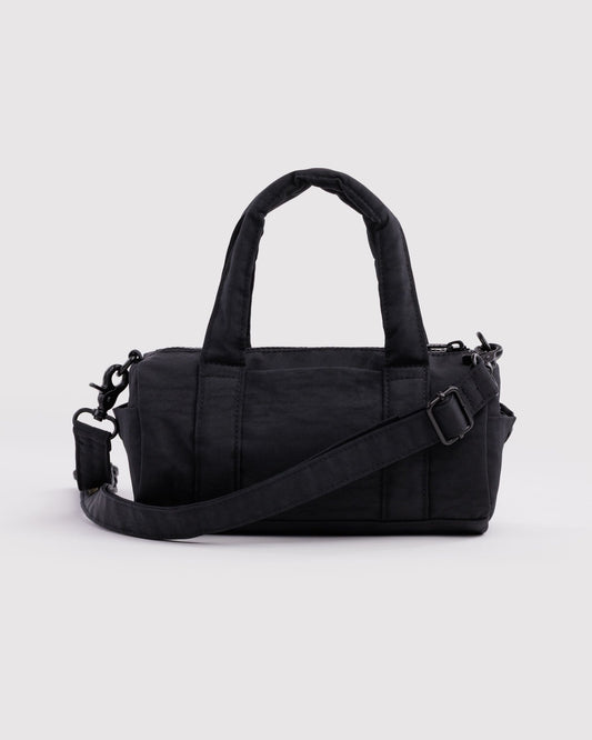 BAGGU Small Nylon Duffle Bag in Black, front view on a light background | Black
