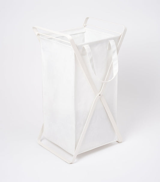 Yamazaki Home Tower Folding Laundry Hamper with Cotton Liner - Two Sizes, Small white hamper with cotton liner in steel frame
