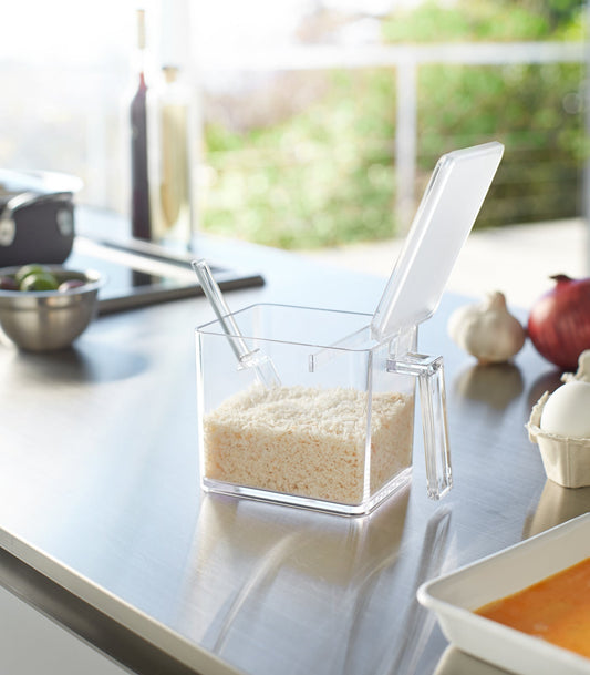 Yamazaki Home Tower Spice Container - Large, clear large container with open lid and dry ingredients