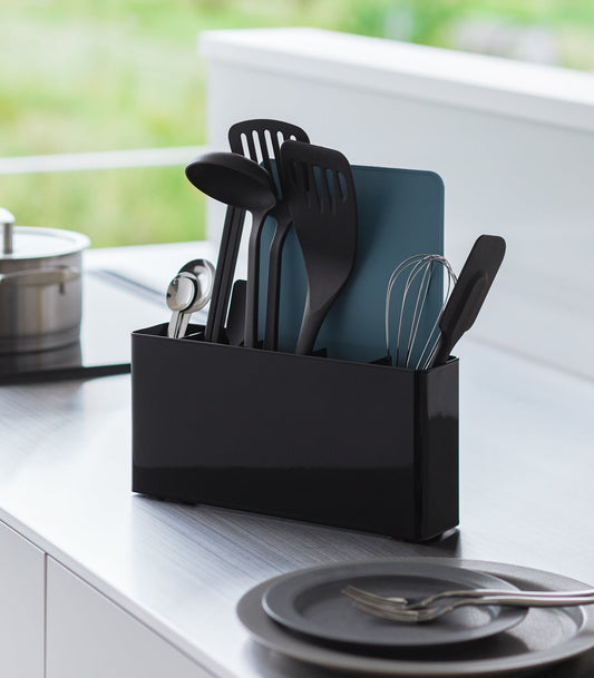 Yamazaki Home Tower Utensil and Thin Cutting Board Holder - Black, black holder with utensils and thin board