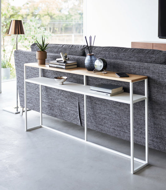 Yamazaki Home Tower Long Console Table with Shelf - Steel and Wood, white shelf-equipped console behind sofa