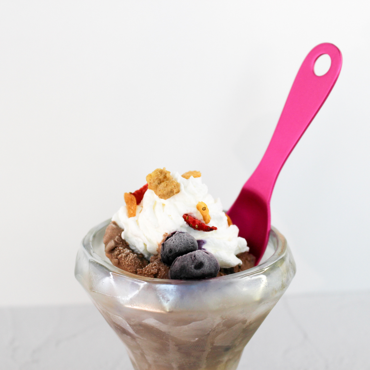 Enjoy-The-Best ice cream spoon in a glass dessert bowl | Pink