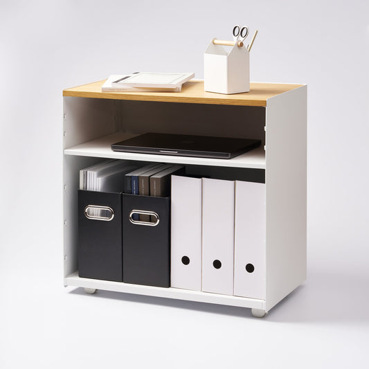 White Yamazaki Mobile Hideaway Storage Cart with a wood top, shown holding separate stationery, a laptop and upright files.