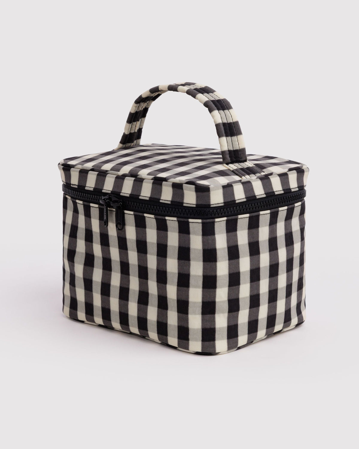 BAGGU Large Cosmetic Case in Black and Cream Gingham, front view | Black and Cream Gingham