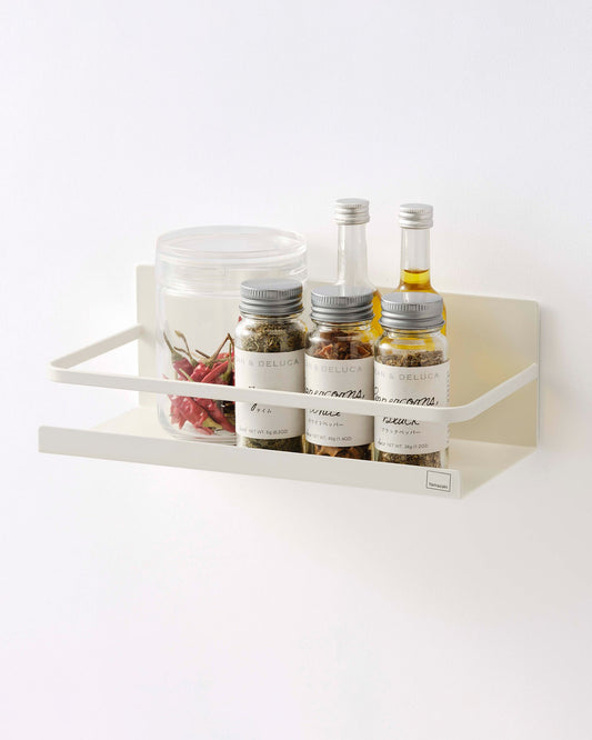 Yamazaki Home Plate Magnetic Storage Caddy - Steel, white caddy holding spice jars and oil bottles