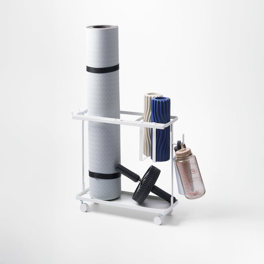 Yamazaki Home Tower Fitness Equipment Storage Cart - Steel, white cart with rolled mats and hanging bottle