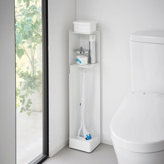White slim rolling organizer holding cleaning supplies beside a toilet; supplies not included.
