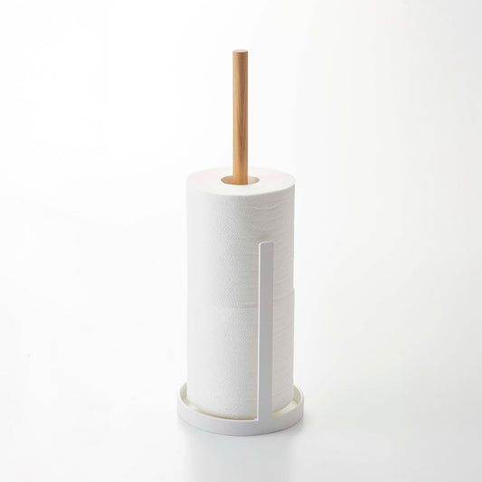 Yamazaki Home Tosca Toilet Paper Stocker - Steel + Wood, white and wood stocker holding toilet paper on a plain background