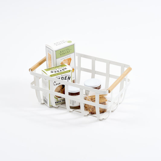 Yamazaki Home Tosca Storage Basket - Medium - Steel + Wood, white medium basket holding pantry staples